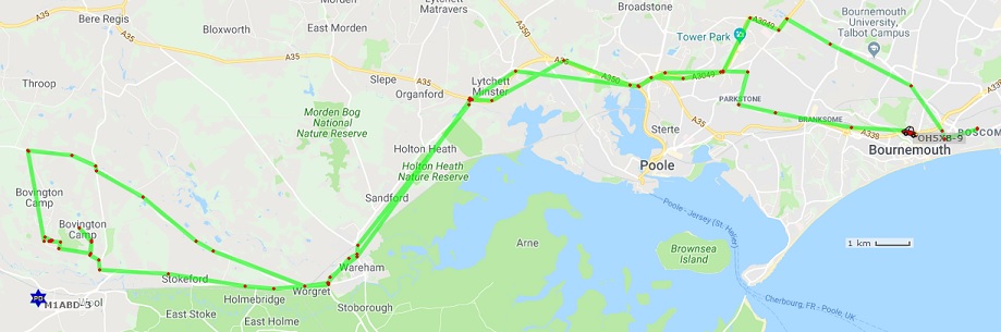 P&auml;iv&auml;n ajoreitti Bournemouth - Bovington